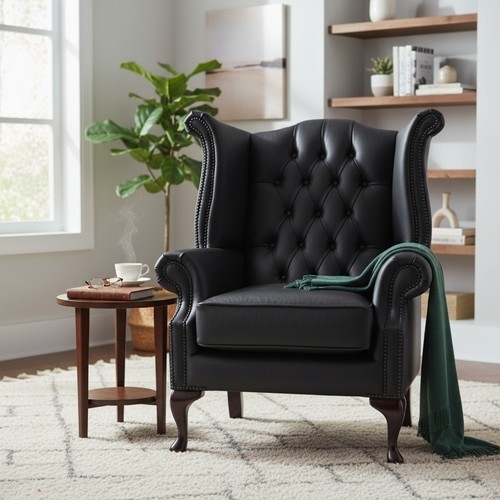 Armchair black italian leather - black,
